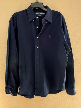 Ralph Lauren Navy Button-Down Shirt with Red Polo Logo